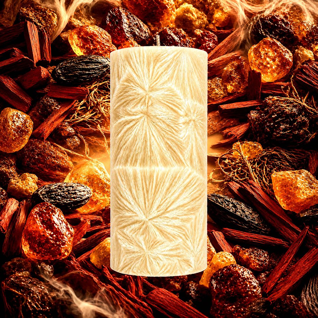 Oriental Myrrh & Musk plant based Pillar Candle – vegan, cruelty-free featuring deep resinous myrrh and sensual musk, handmade in Australia.