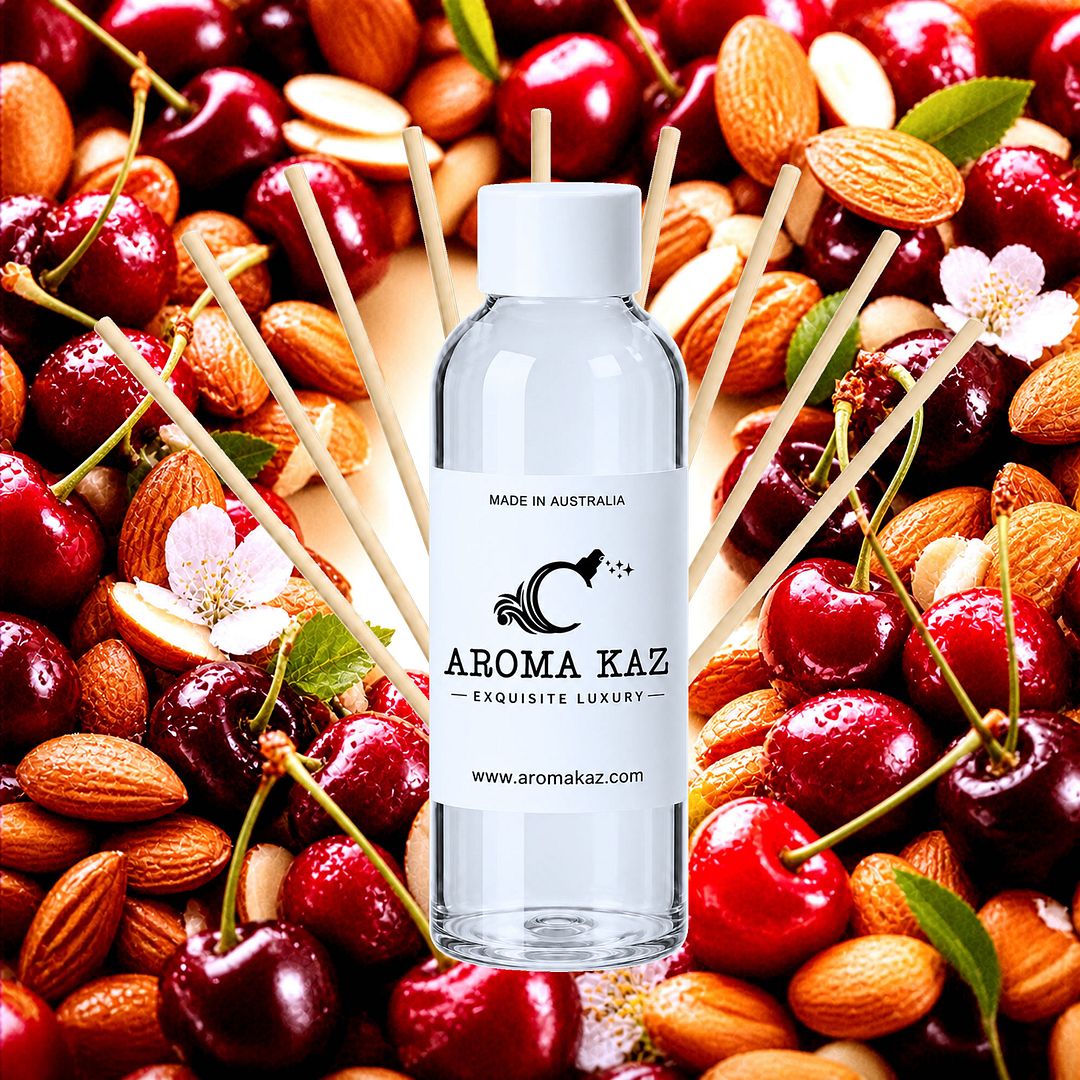 Cherry Almond Diffuser Fragrance Oil Refill – vegan, cruelty-free featuring sweet cherry and nutty almond blend, handmade in Australia.