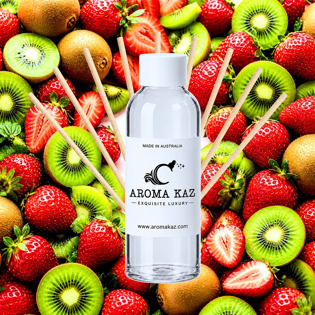 Strawberries & Kiwi Fruit Diffuser Fragrance Oil Refill – vegan, cruelty-free featuring sweet strawberries and fresh kiwi fruit, handmade in Australia.