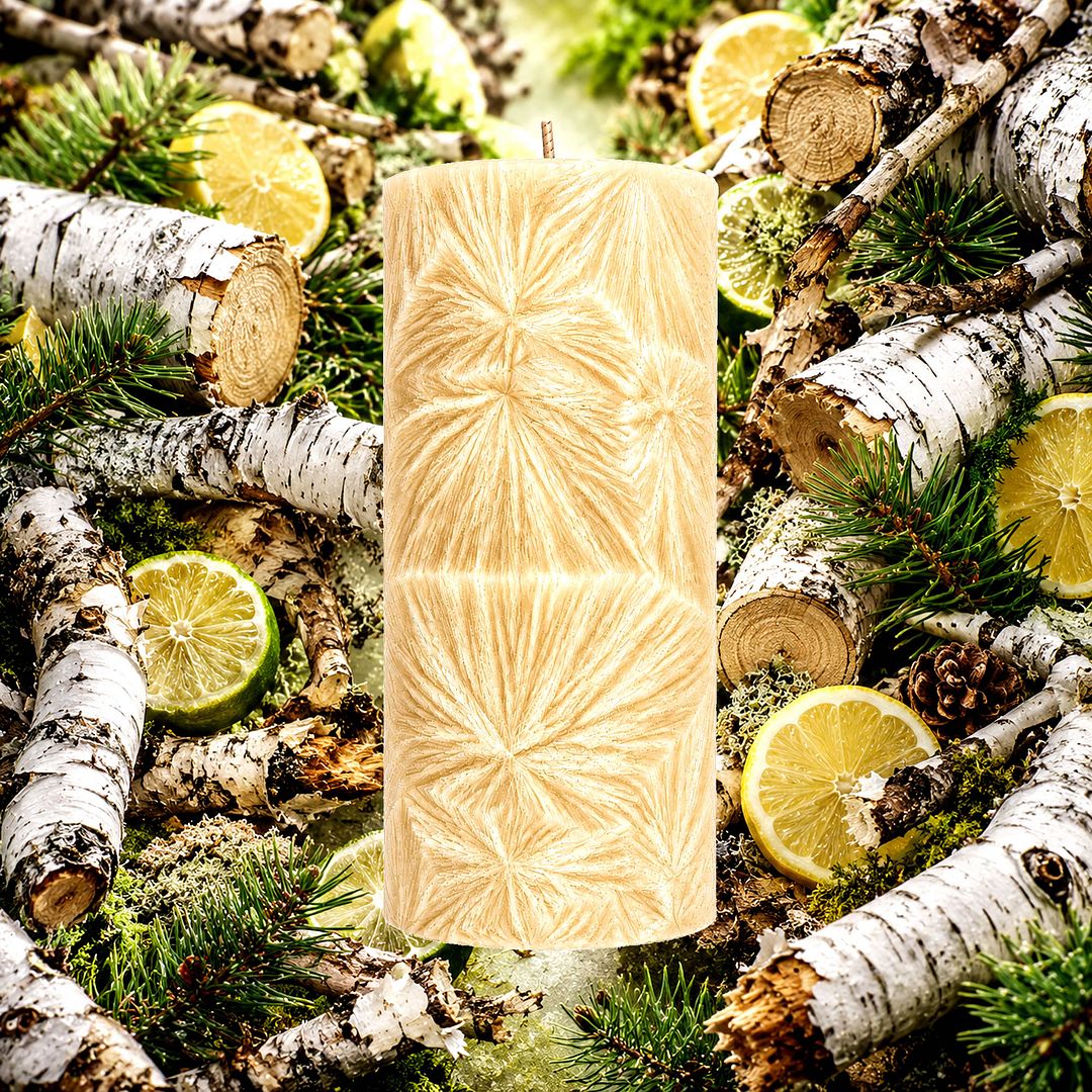 Crackling Birch plant based Pillar Candle – vegan, cruelty-free featuring crisp birch wood and smoky winter notes, handmade in Australia.