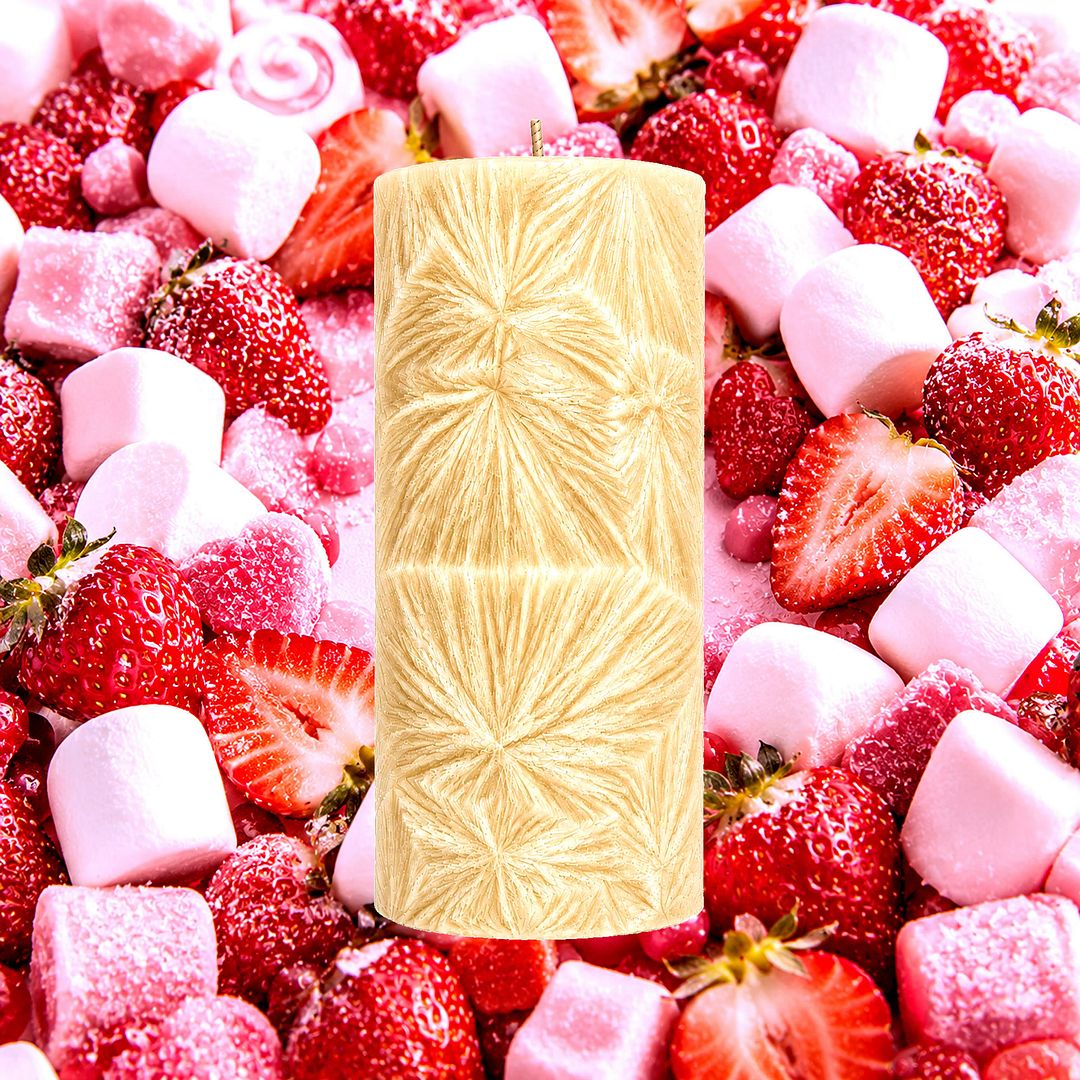 Strawberry Marshmallows plant based Pillar Candle – vegan, cruelty-free featuring fluffy marshmallow and sweet strawberry aroma, handmade in Australia.