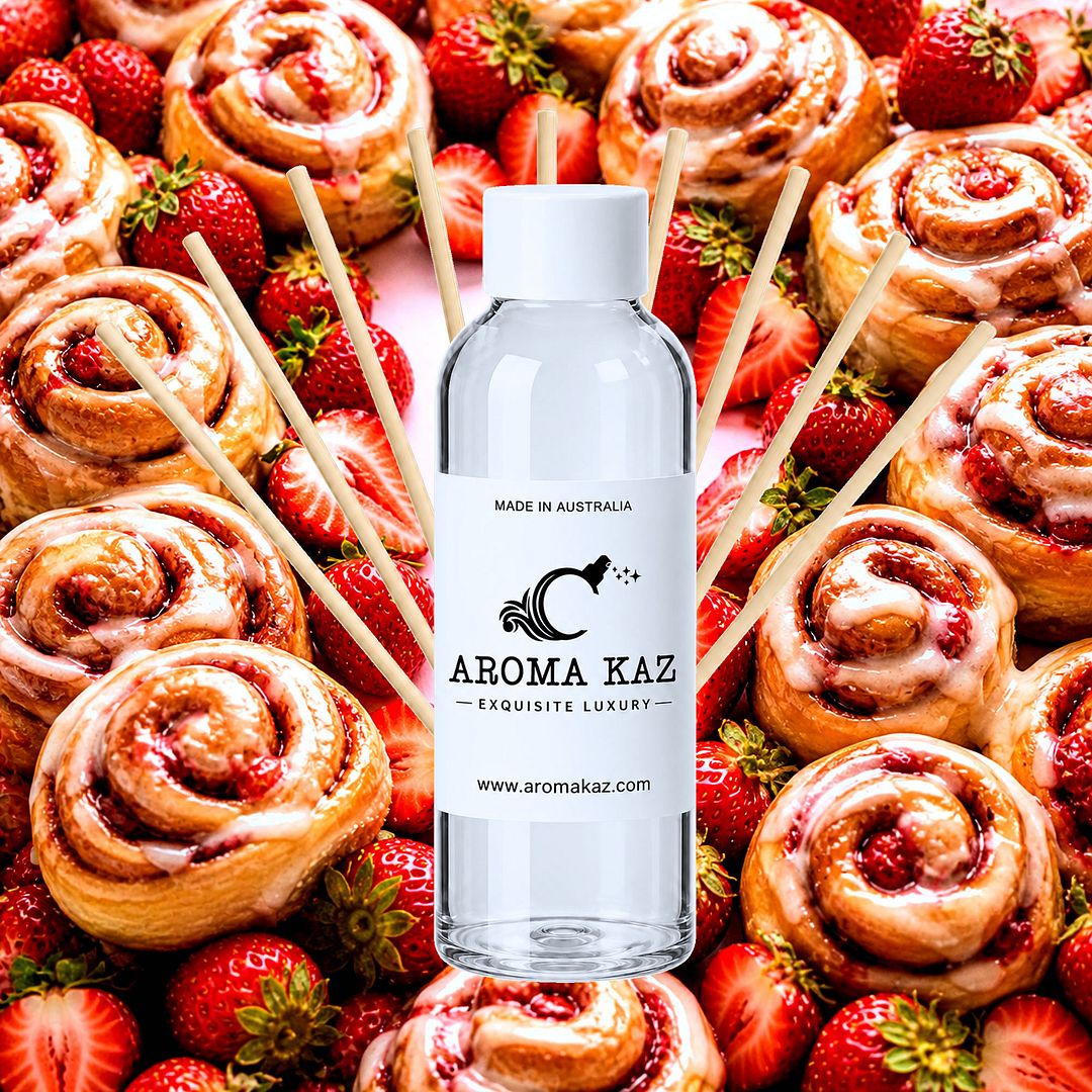 Strawberry Cinnamon Buns Diffuser Fragrance Oil Refill – vegan, cruelty-free featuring warm cinnamon buns and sweet strawberries, handmade in Australia.