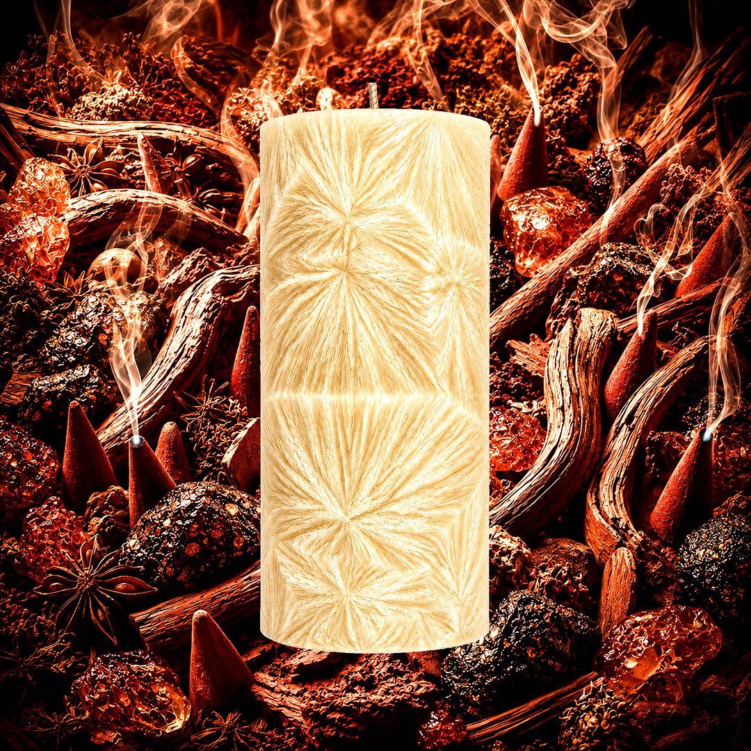 Oriental Sandalwood plant based Pillar Candle – vegan, cruelty-free featuring warm smooth sandalwood and soft oriental spice, handmade in Australia.
