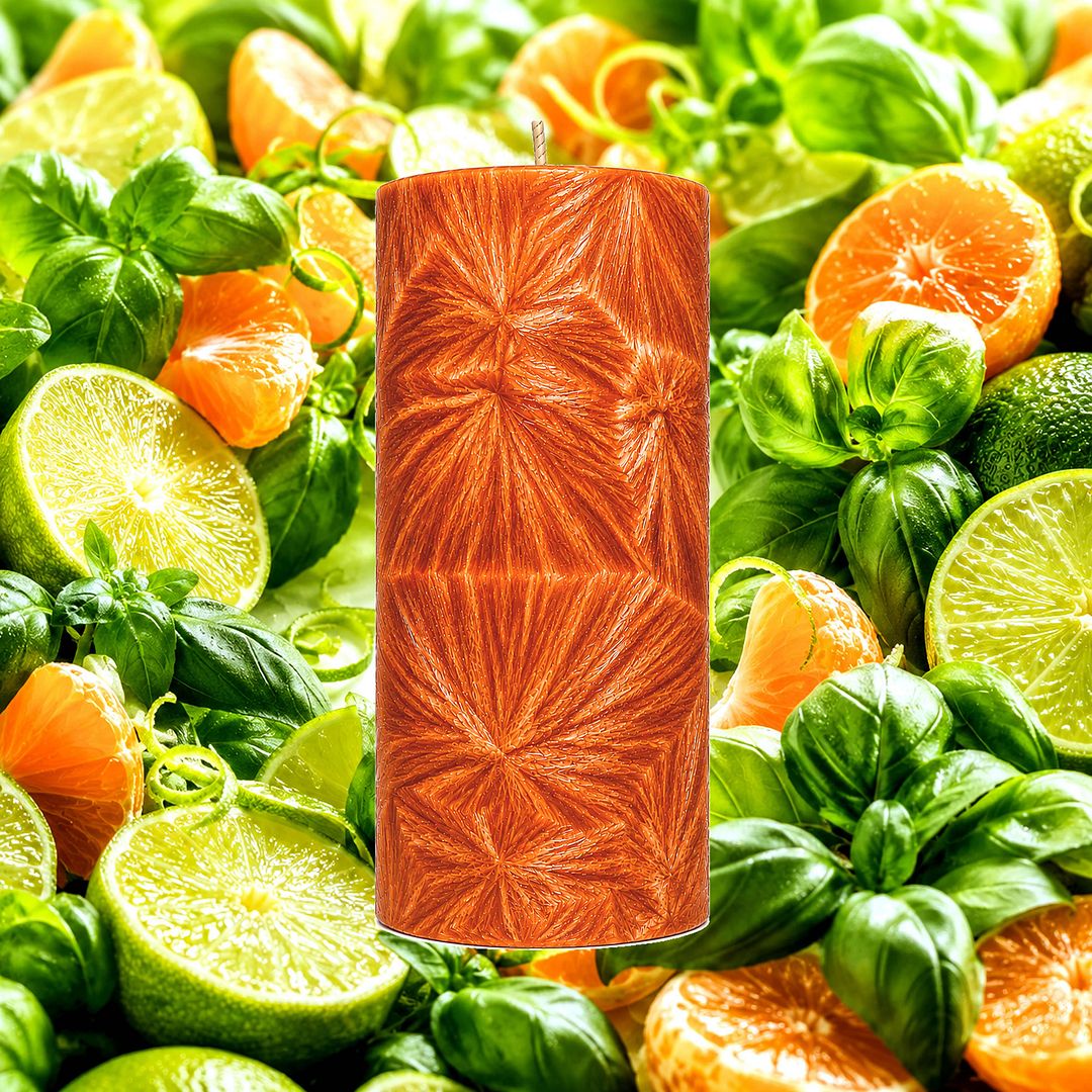 Lime Basil Mandarin plant based Pillar Candle – vegan, cruelty-free featuring zesty lime, herbal basil, and sweet citrus mandarin, handmade in Australia.