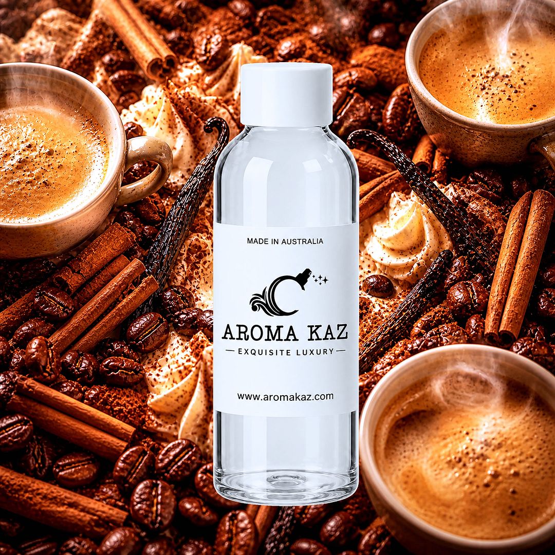Coffee Cinnamon Vanilla fragrance oil for candle making, soap making and perfume blending – vegan, cruelty-free featuring a warm blend of roasted coffee, sweet vanilla, and cinnamon spice, handmade in Australia.