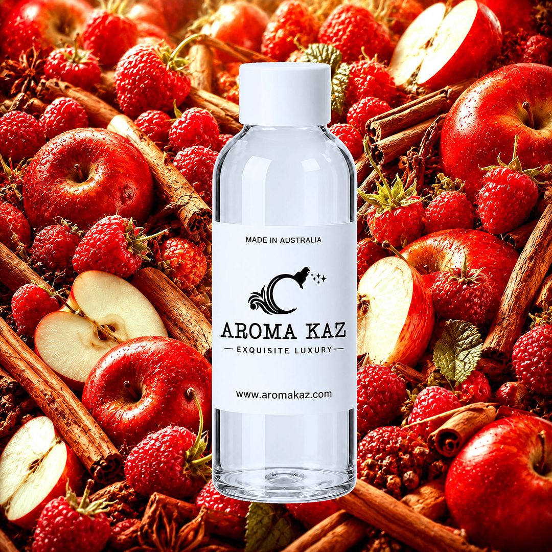 Apple Cinnamon Raspberry fragrance oil for candle making, soap making and perfume blending – vegan, cruelty-free featuring fruit-spice blend with sweet apple, raspberry and cinnamon, handmade in Australia.