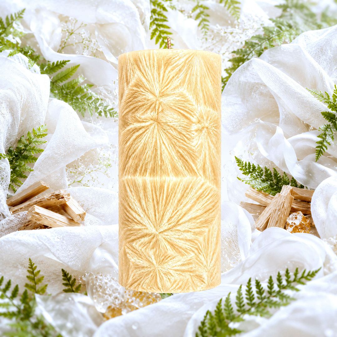 Egyptian Linen plant based Pillar Candle – vegan, cruelty-free featuring a luxurious fresh-linen aroma  with egyptian perfume notes., handmade in Australia.