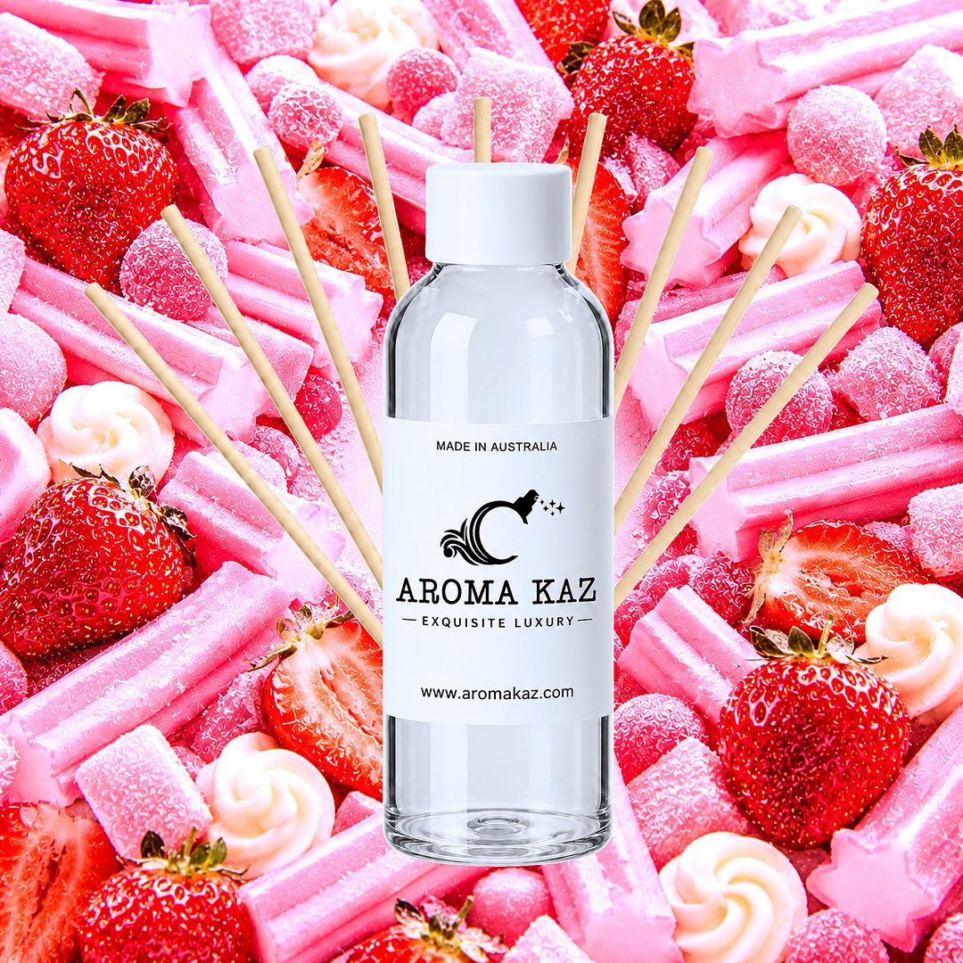 Strawberry Musk Diffuser Fragrance Oil Refill – vegan, cruelty-free featuring sweet strawberry and pink musk and pink sugar notes, handmade in Australia.
