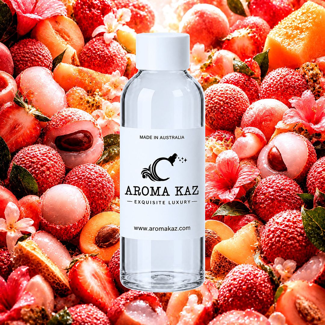 Pink Lychee fragrance oil for candle making, soap making and perfume blending – vegan, cruelty-free featuring juicy tropical lychee and strawberry sweetness, handmade in Australia.