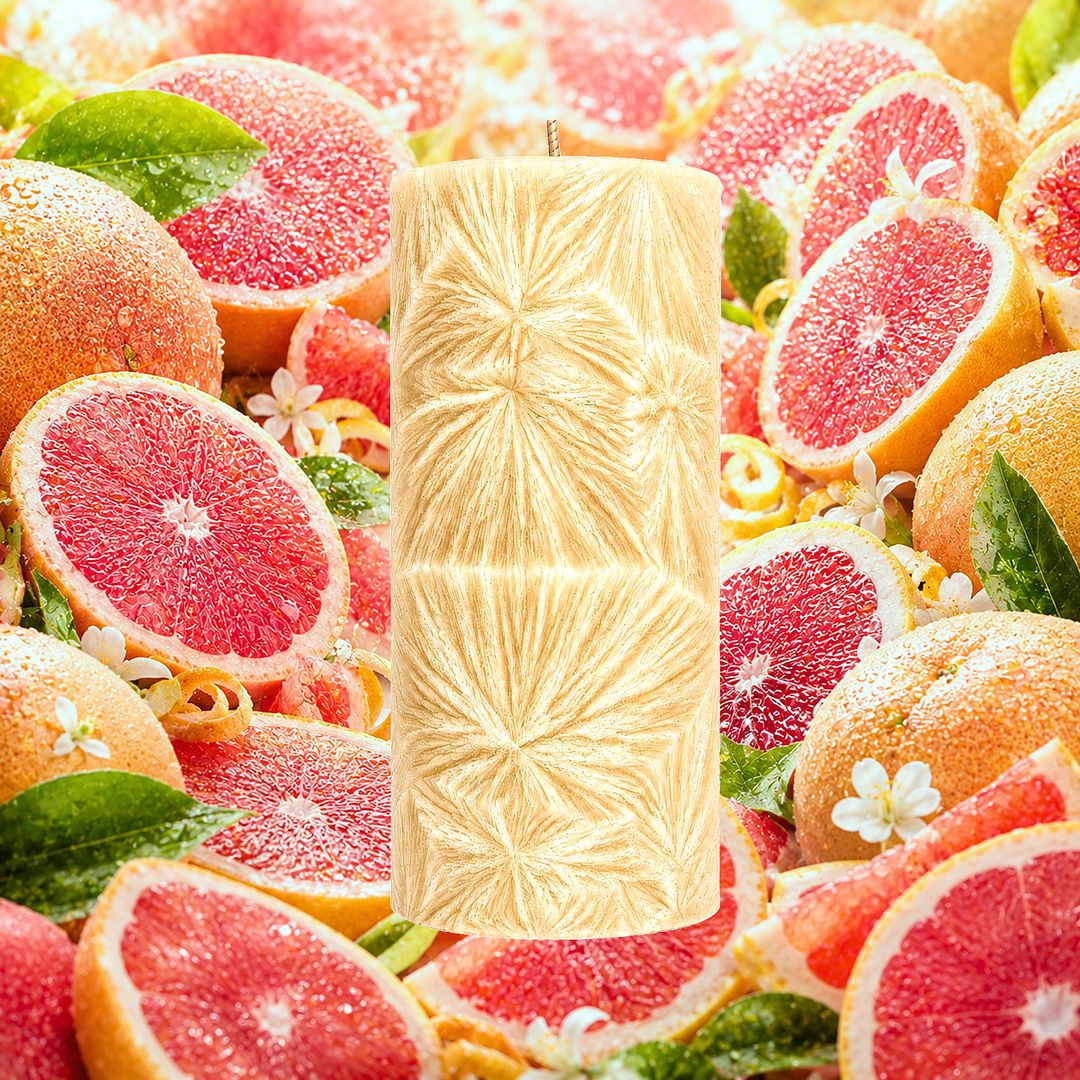Fresh Grapefruit plant based Pillar Candle – vegan, cruelty-free featuring bright zesty grapefruit citrus, handmade in Australia.