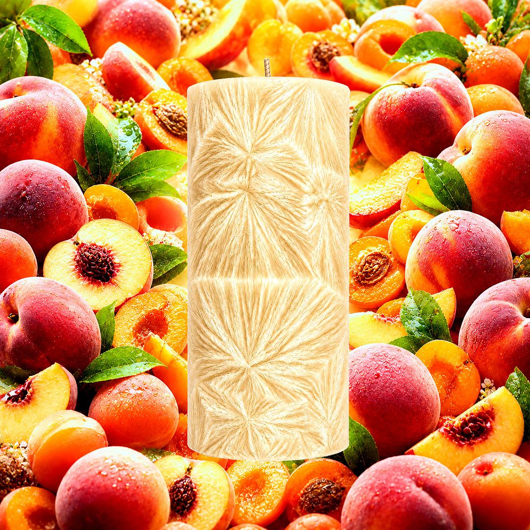 Juicy Peaches plant based Pillar Candle – vegan, cruelty-free featuring ripe juicy peach sweetness, handmade in Australia.