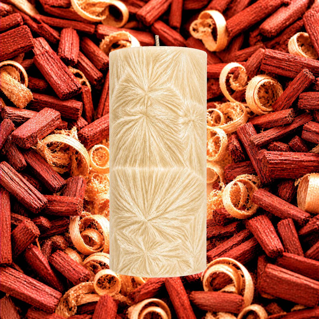 Australian Sandalwood plant based Pillar Candle – vegan, cruelty-free featuring warm woody sandalwood aroma, handmade in Australia.