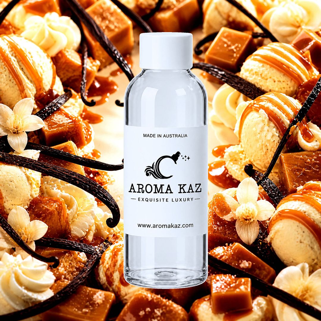 Vanilla Caramel scent description card with creamy vanilla and rich caramel notes.