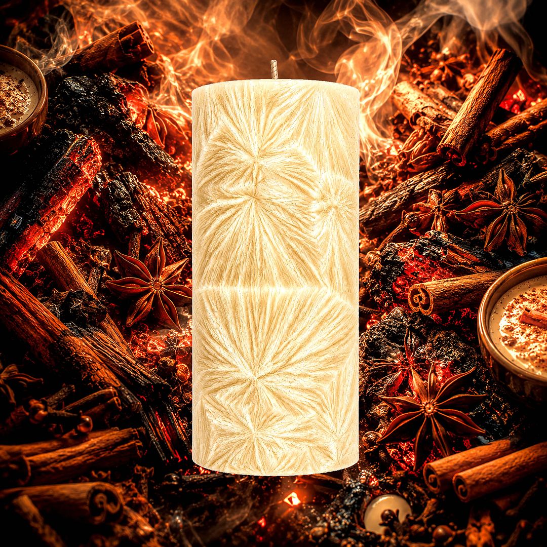 Cozy Fireside plant based Pillar Candle – vegan, cruelty-free featuring a warm smoky fireside aroma, handmade in Australia.