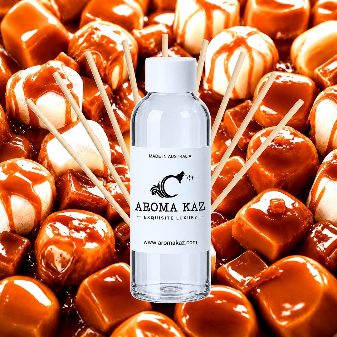 Caramel Marshmallows Diffuser Fragrance Oil Refill – vegan, cruelty-free featuring sweet caramel and fluffy marshmallow blend, handmade in Australia.
