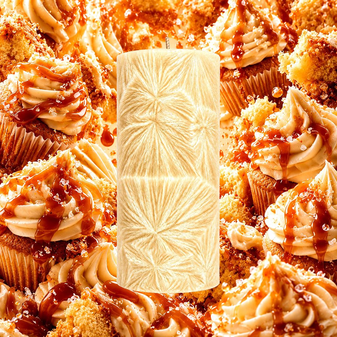 Vanilla Caramel Cupcakes plant based Pillar Candle – vegan, cruelty-free featuring freshly baked cupcakes, vanilla frosting, and caramel drizzle aroma, handmade in Australia.