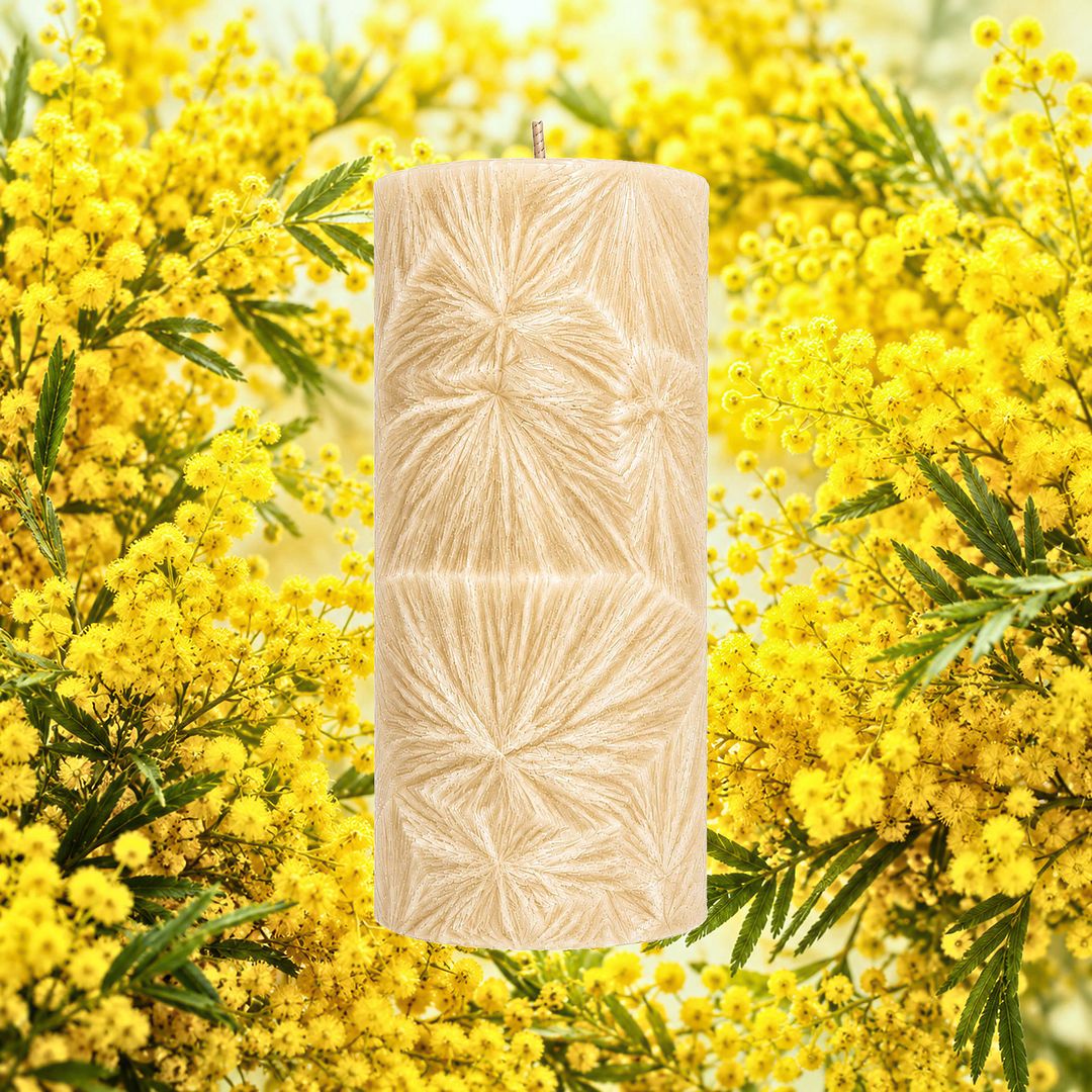 Australian Golden Wattle plant based Pillar Candle – vegan, cruelty-free featuring native wattle blossoms, handmade in Australia.