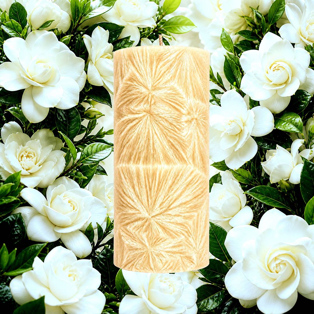 Gardenia plant based Pillar Candle – vegan, cruelty-free featuring the elegance pf gardenia flowers,  handmade in Australia.