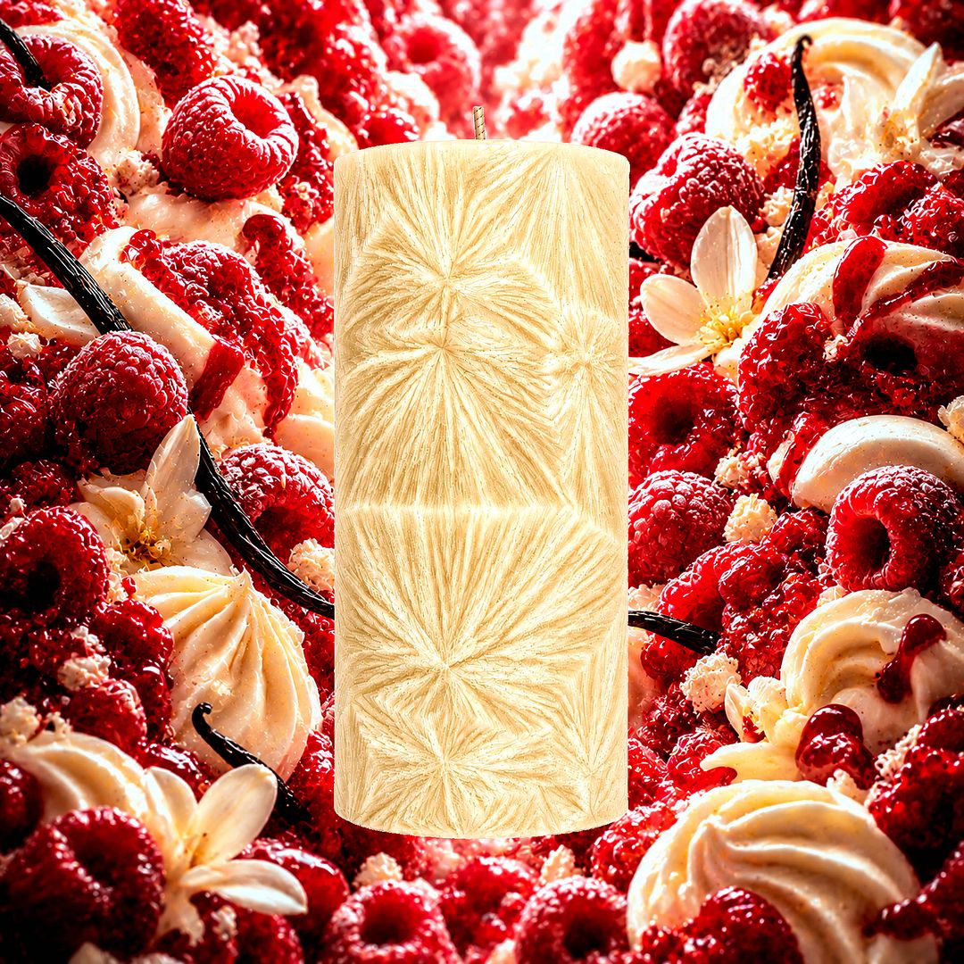 Red Raspberry Vanilla plant based Pillar Candle – vegan, cruelty-free featuring juicy raspberry and creamy vanilla sweetness, handmade in Australia.