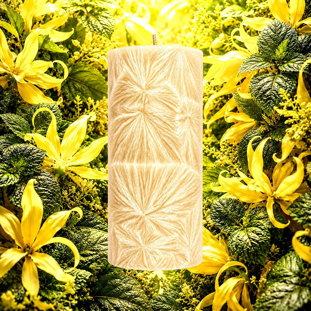 Patchouli & Ylang Ylang plant based Pillar Candle – vegan, cruelty-free featuring earthy patchouli and sensual exotic ylang ylang florals, handmade in Australia.
