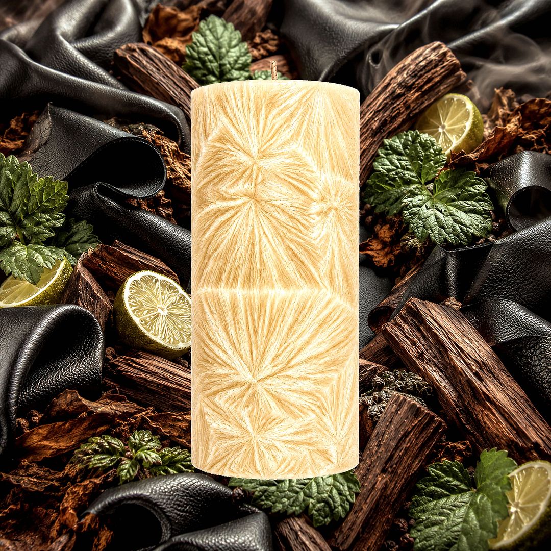 Shades For Men plant based Pillar Candle – vegan, cruelty-free featuring bold masculine woods, musk, and fresh spice, handmade in Australia.
