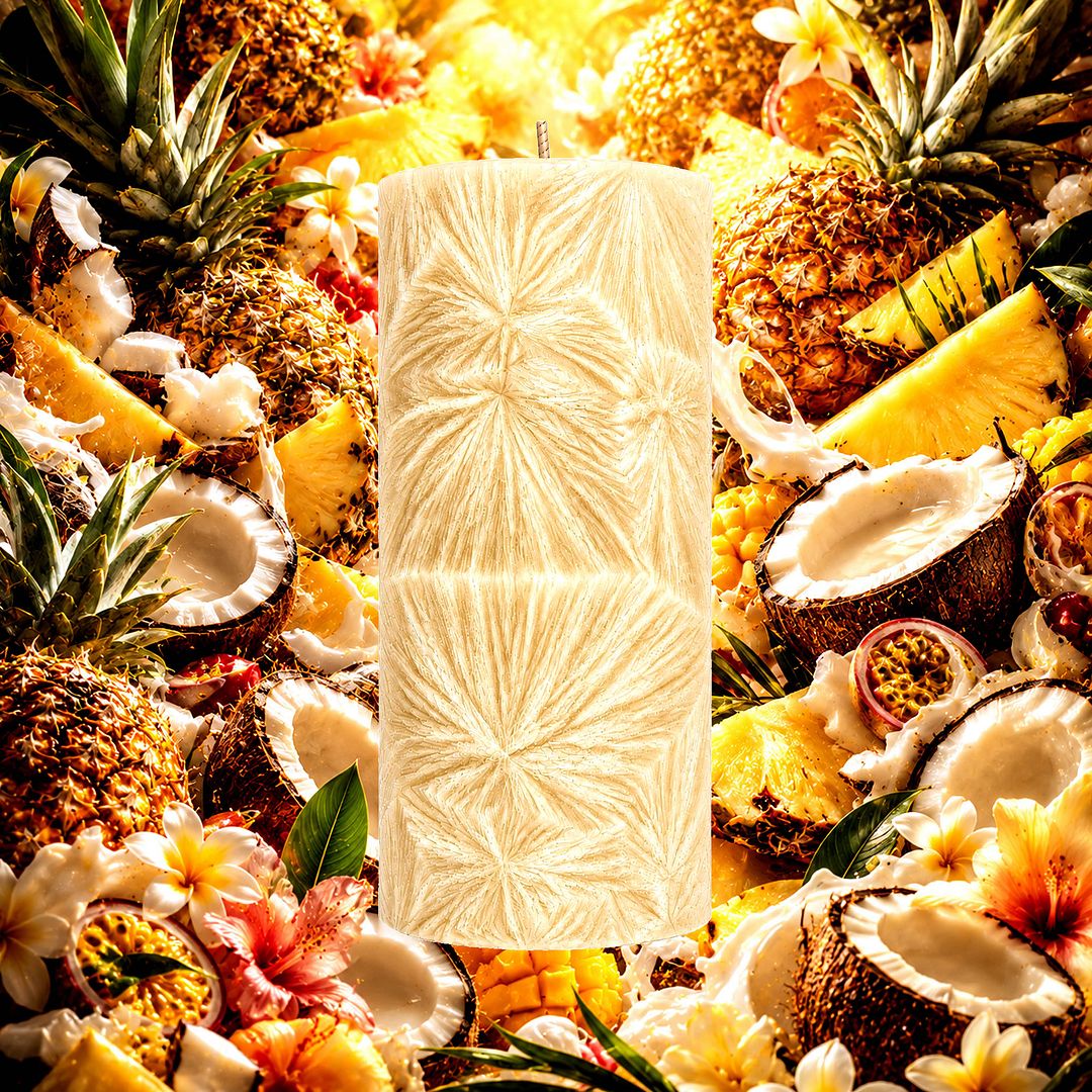 Pina Colada plant based Pillar Candle – vegan, cruelty-free featuring tropical pineapple, creamy coconut, and vanilla sweetness, handmade in Australia.