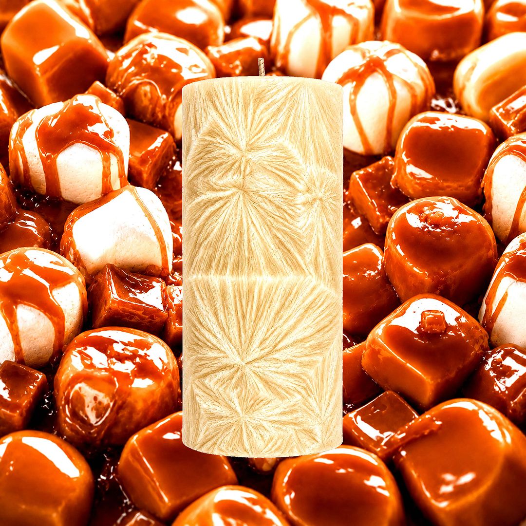 Caramel Marshmallows plant based Pillar Candle – vegan, cruelty-free featuring sweet caramel and fluffy marshmallow blend, handmade in Australia.