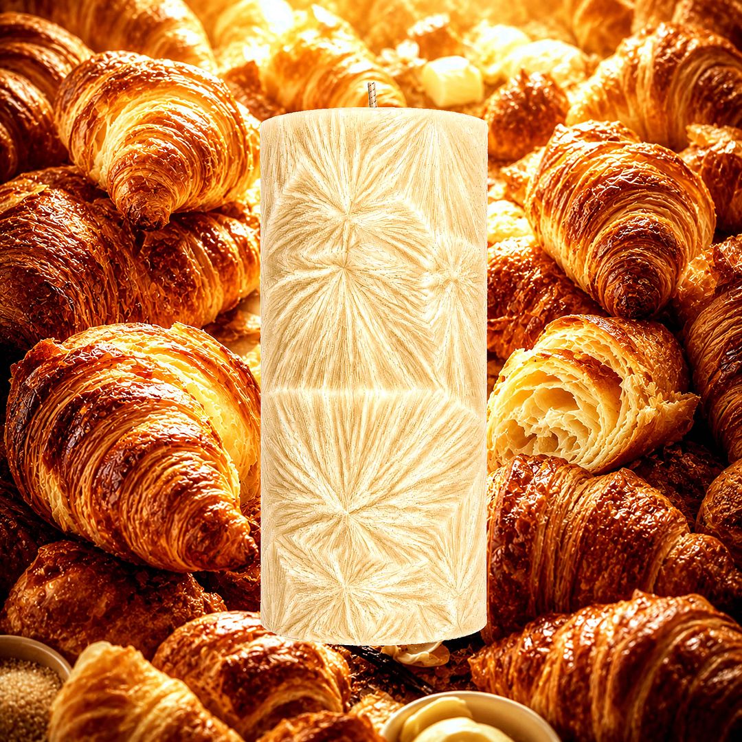 French Croissants plant based Pillar Candle – vegan, cruelty-free featuring buttery flaky pastry aroma, handmade in Australia.
