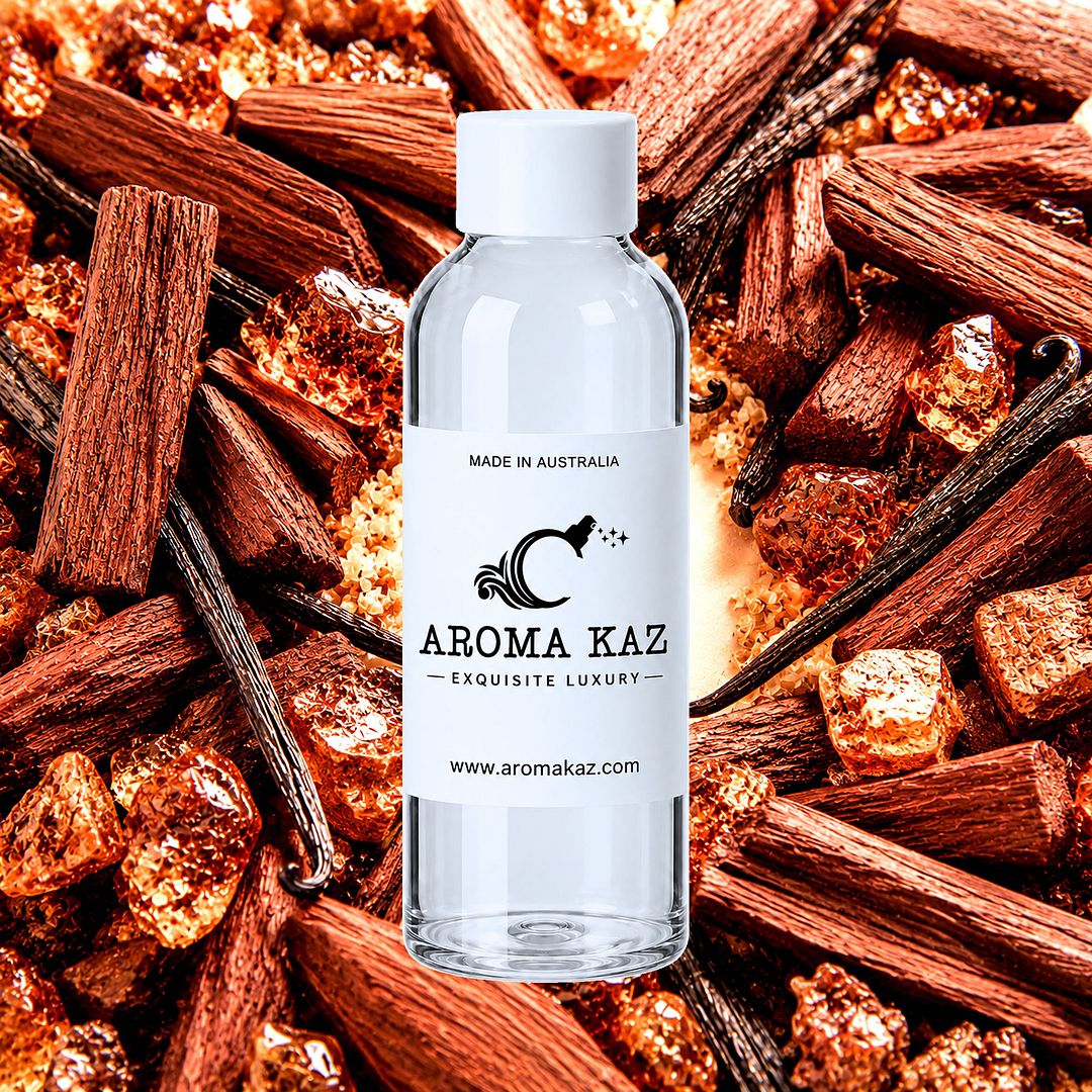 Sandalwood Vanilla Musk fragrance oil for candle making, soap making and perfume blending – vegan, cruelty-free featuring warm sandalwood, creamy vanilla, and exotic musk, handmade in Australia.