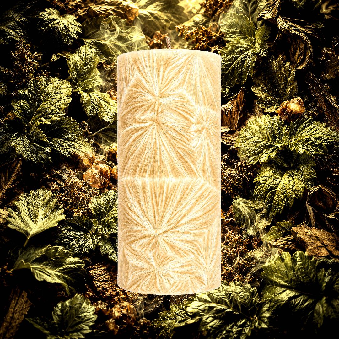 Musk Patchouli plant based Pillar Candle – vegan, cruelty-free featuring earthy patchouli and smooth sensual musk, handmade in Australia.