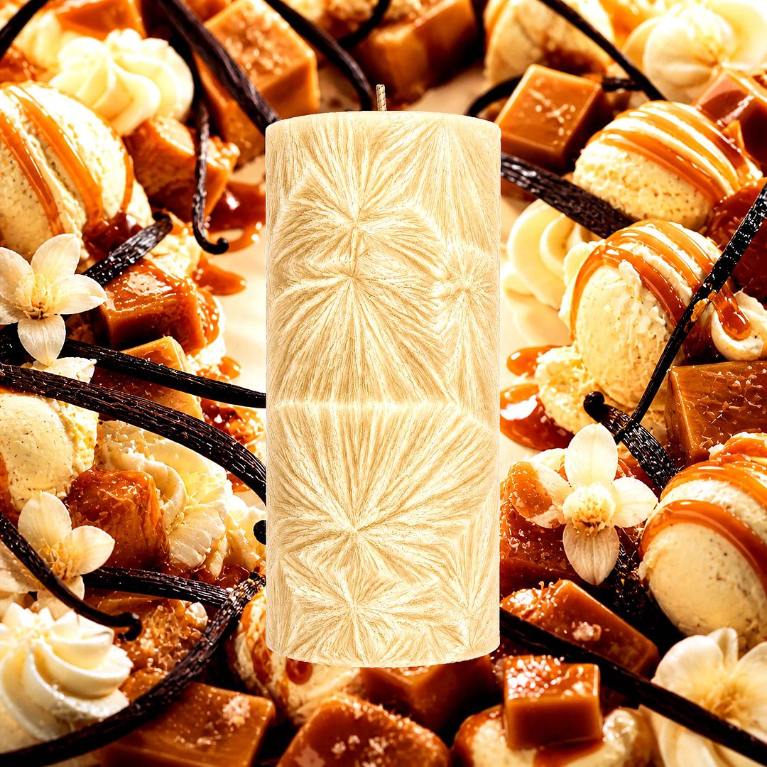 Vanilla Caramel plant based Pillar Candle – vegan, cruelty-free featuring creamy vanilla and rich buttery caramel, handmade in Australia.
