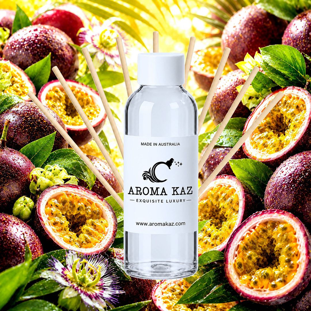 Fresh Passion Fruit Diffuser Fragrance Oil Refill – vegan, cruelty-free featuring sweet tropical passionfruit, handmade in Australia.