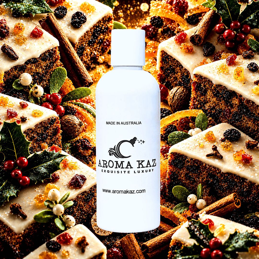Vanilla Iced Christmas Cake Body Massage Oil – vegan, cruelty-free, plant-based hydrating oil with spiced fruitcake, vanilla icing, and festive sweetness, handmade in Australia.