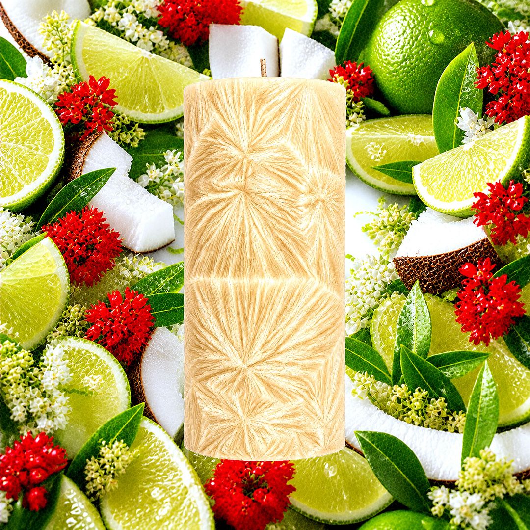 Coconut Lime Verbena plant based Pillar Candle – vegan, cruelty-free featuring fresh citrus lemon and floral verbena with coconut, handmade in Australia.