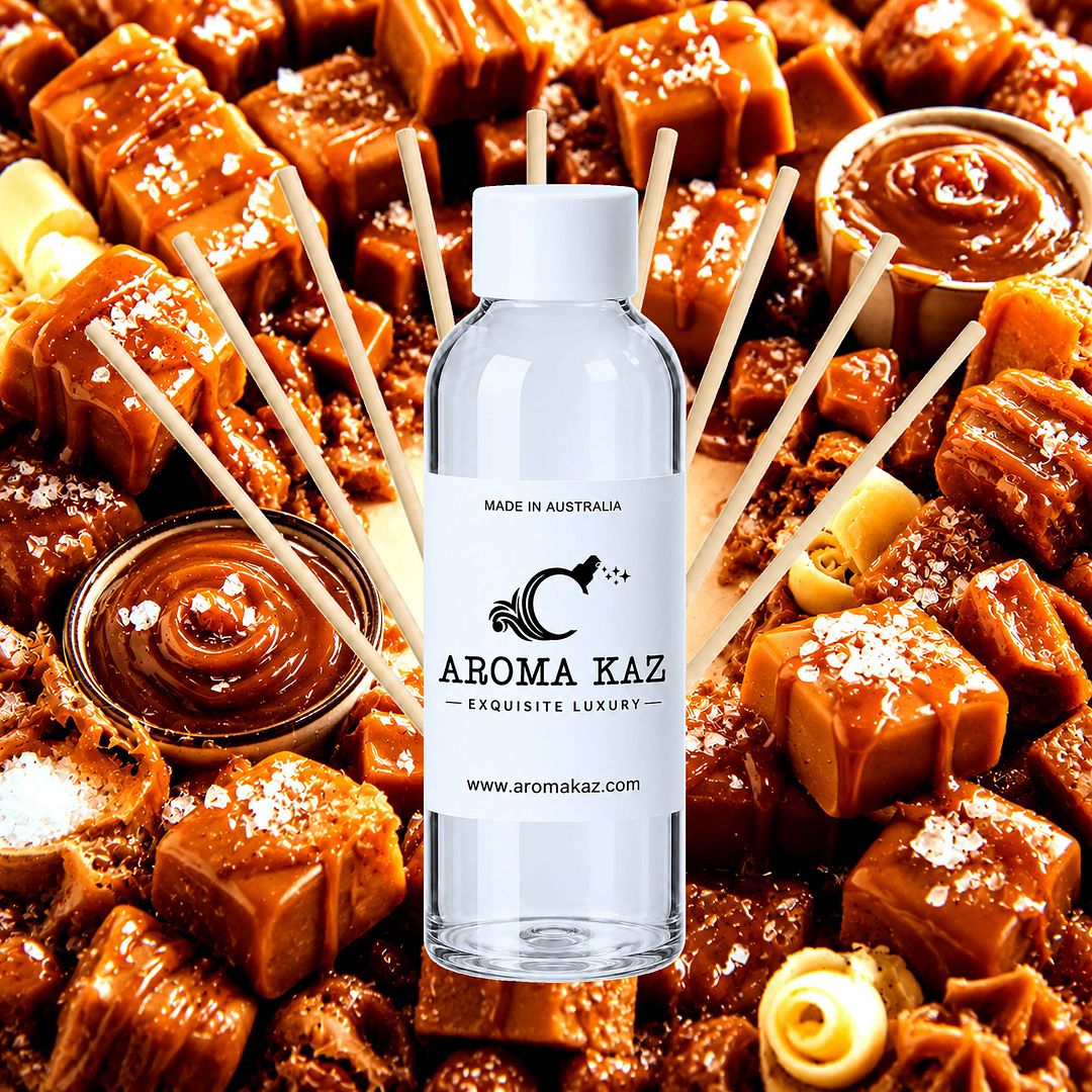 Salted Caramels Diffuser Fragrance Oil Refill – vegan, cruelty-free featuring rich buttery caramel and a touch of sugar salt, handmade in Australia.