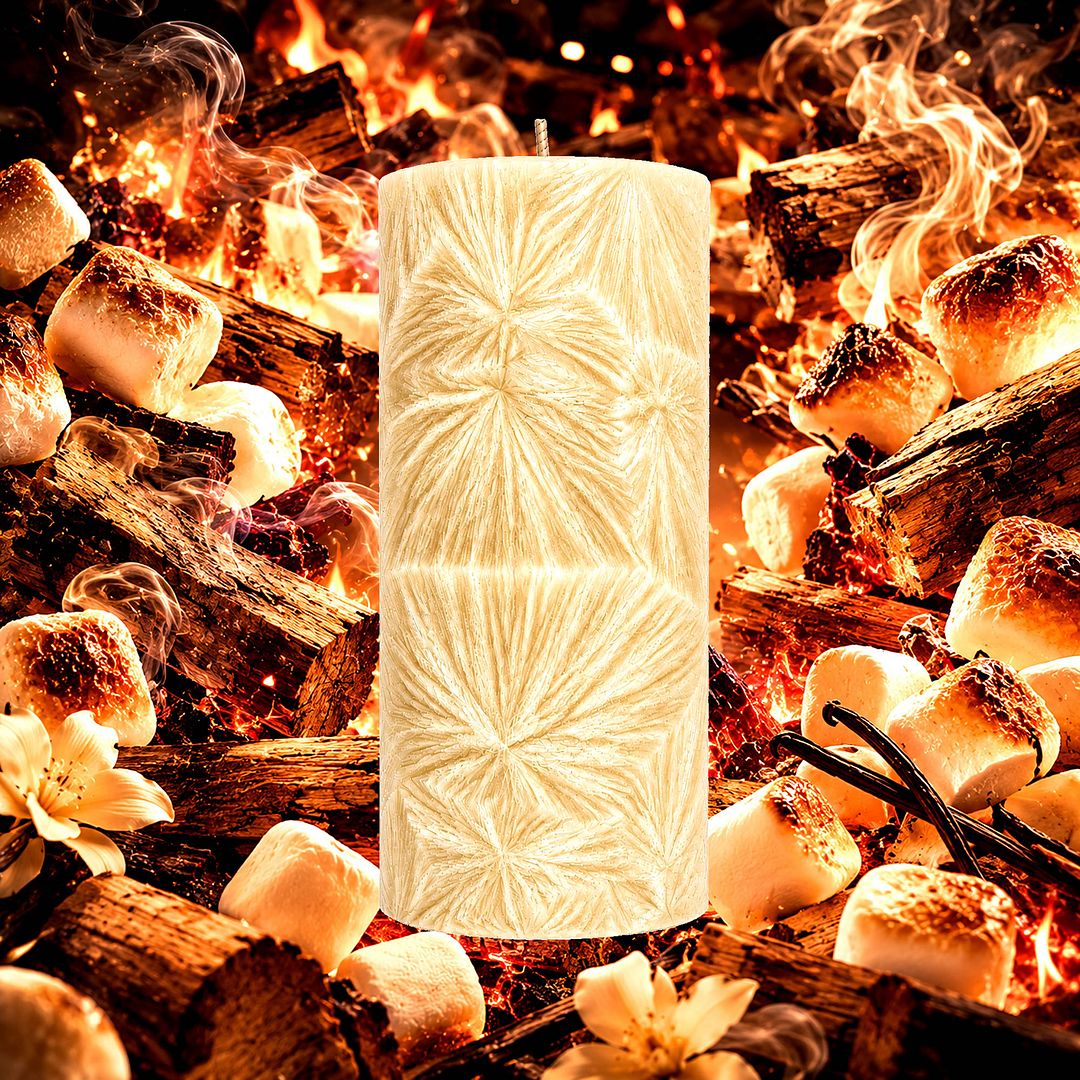 Firewood & Marshmallows plant based Pillar Candle – vegan, cruelty-free featuring smoky firewood and toasted marshmallow aroma, handmade in Australia.