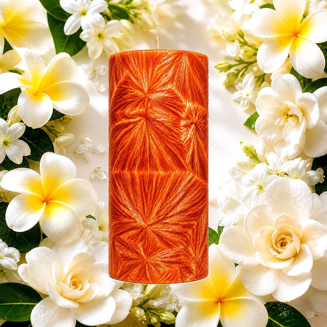 Frangipani Gardenia Jasmine plant based Pillar Candle – vegan, cruelty-free featuring lush tropical frangipani florals, soft jasmine, and elegant gardenia handmade in Australia.