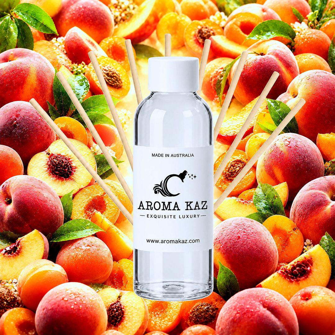 Juicy Peaches Diffuser Fragrance Oil Refill – vegan, cruelty-free featuring ripe juicy peach sweetness, handmade in Australia.