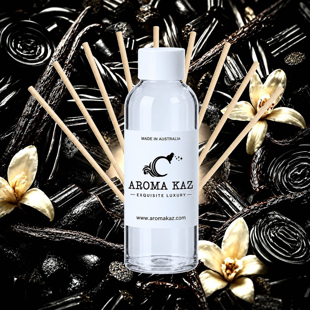 Black Licorice & Vanilla Diffuser Fragrance Oil Refill – vegan, cruelty-free featuring with sweet vanilla and bold licorice notes, handmade in Australia.