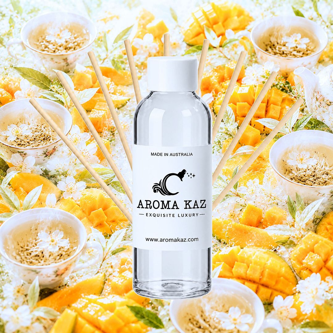 White Tea & Mango Diffuser Fragrance Oil Refill – vegan, cruelty-free featuring juicy mango and sweet white tea notes, handmade in Australia.