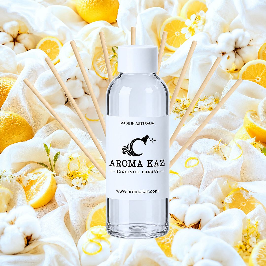 Lemon Fresh Linen Diffuser Fragrance Oil Refill – vegan, cruelty-free featuring crisp clean linen and citrus lemon notes, handmade in Australia.