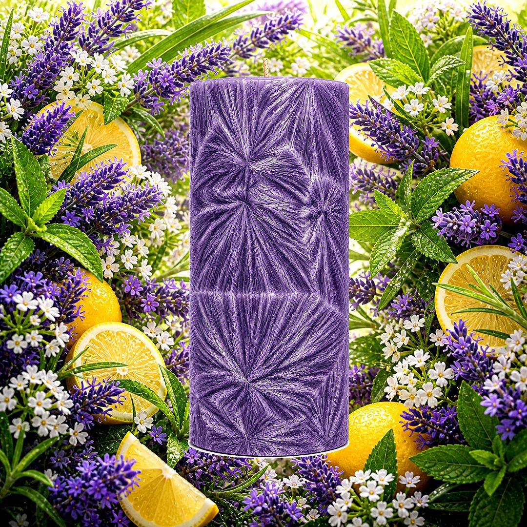 Lavender & Lemon Verbena plant based Pillar Candle – vegan, cruelty-free featuring fresh floral lavender and citrus floral lemon verbena, handmade in Australia.