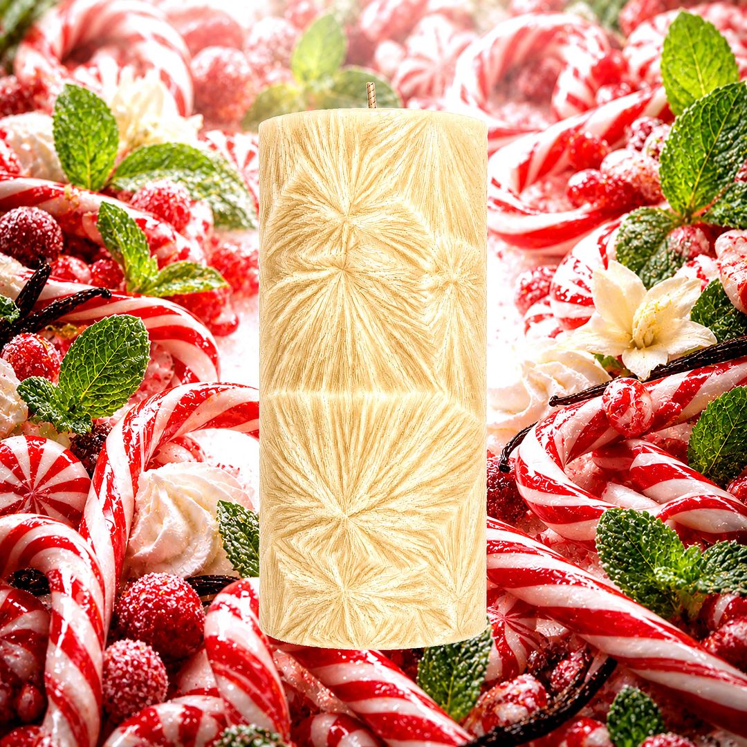 Candy Cane plant based Pillar Candle – vegan, cruelty-free featuring refreshing peppermint candy aroma, handmade in Australia.