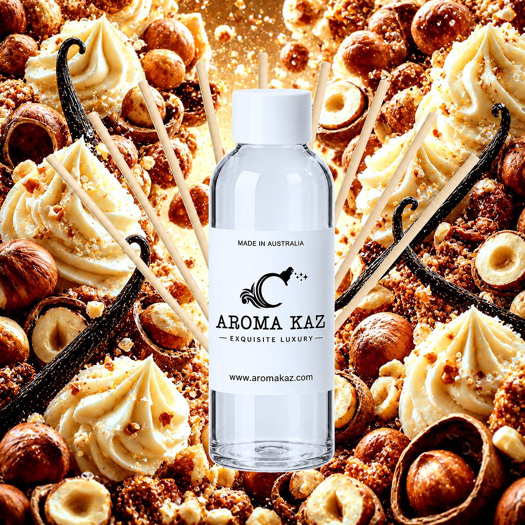 Vanilla Hazelnut Diffuser Fragrance Oil Refill – vegan, cruelty-free featuring creamy vanilla and roasted hazelnut richness, handmade in Australia.