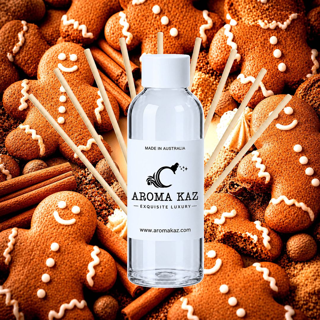Gingerbread Diffuser Fragrance Oil Refill – vegan, cruelty-free featuring warm spicy ginger, sweet spices, nutmeg and sweet baked cookie notes, handmade in Australia.