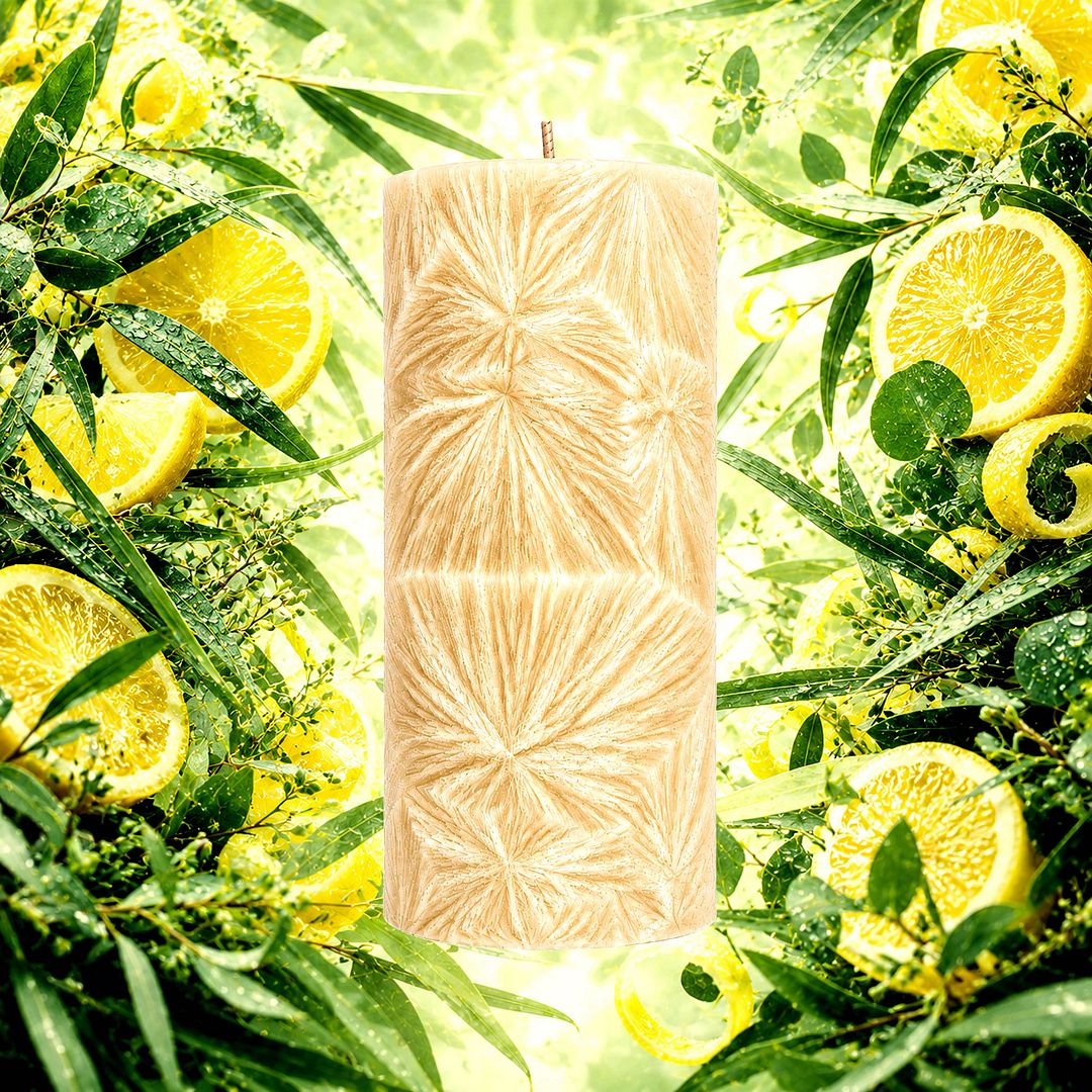 Eucalyptus & Lemon plant based Pillar Candle – vegan, cruelty-free featuring bright lemon and invigorating eucalyptus, handmade in Australia.
