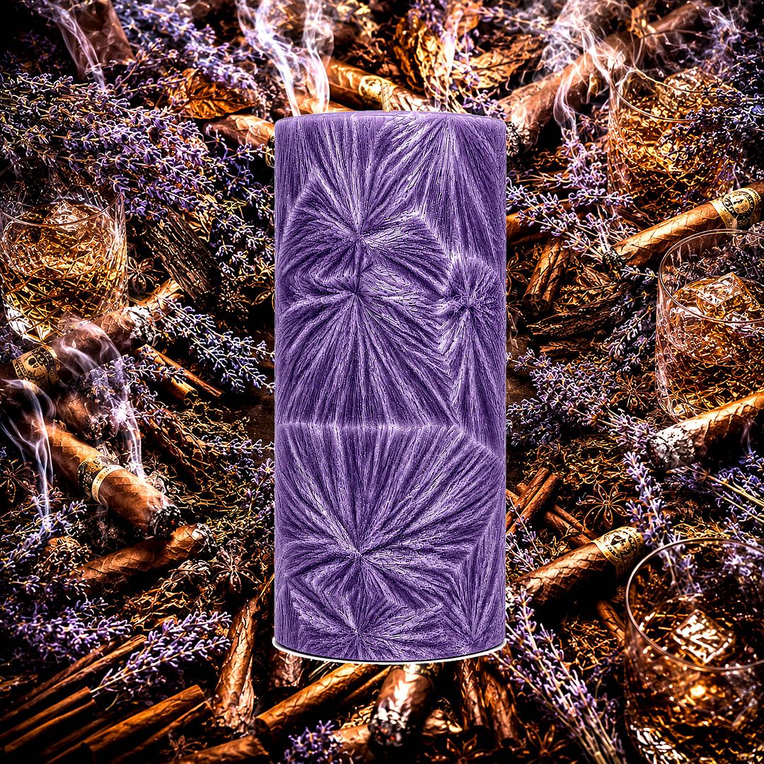 Lavender Tobacco plant based Pillar Candle – vegan, cruelty-free featuring floral fresh lavender, rich patchouli, warm spices and tobacco notes, handmade in Australia.
