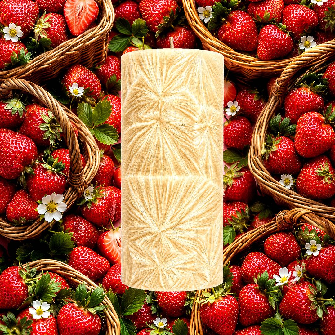 Fresh Strawberries plant based Pillar Candle – vegan, cruelty-free featuring sweet juicy strawberry aroma, handmade in Australia.