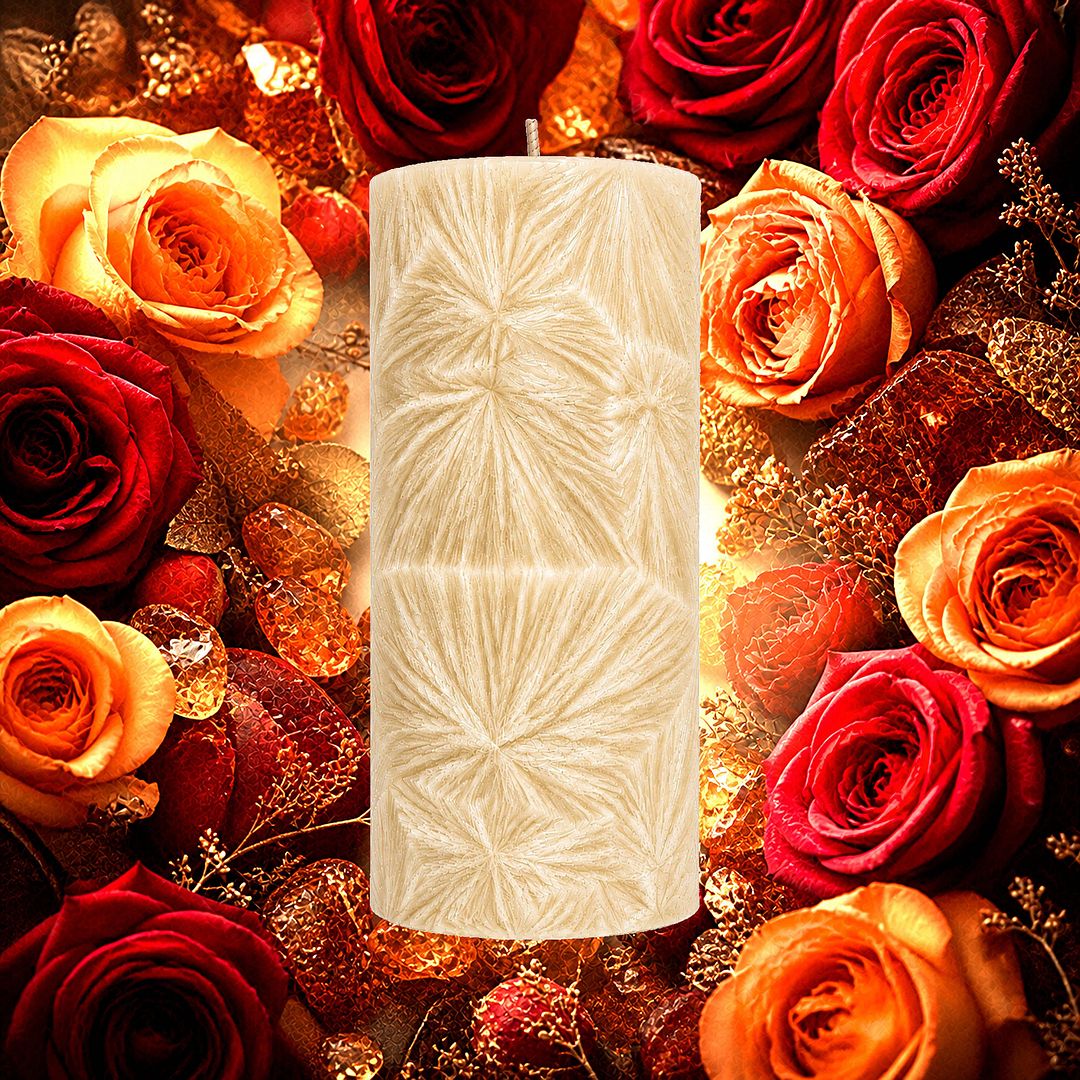 Amber Rose plant based Pillar Candle – vegan, cruelty-free featuring warm amber and soft rose petals, handmade in Australia.