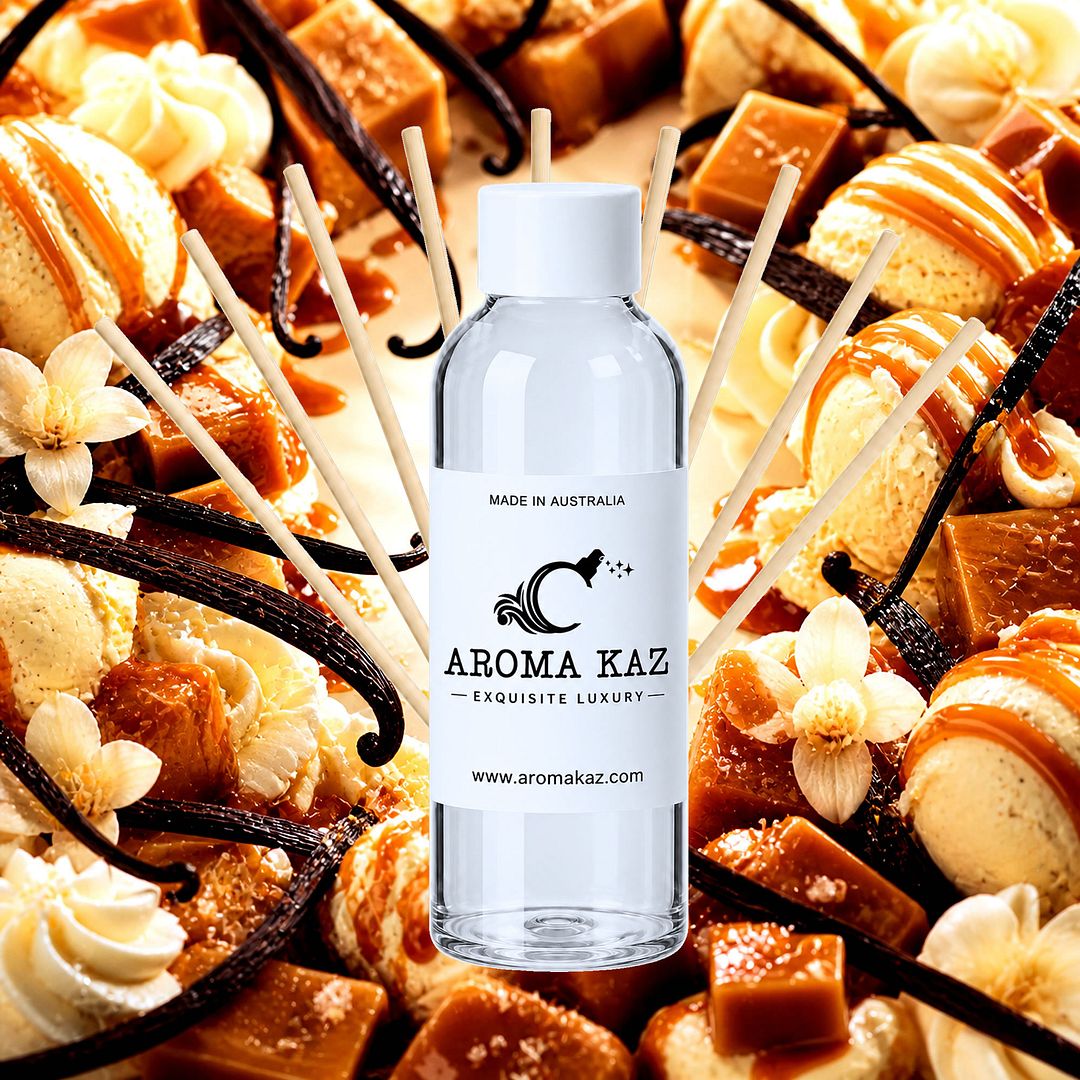 Vanilla Caramel Diffuser Fragrance Oil Refill – vegan, cruelty-free featuring creamy vanilla and rich buttery caramel, handmade in Australia.